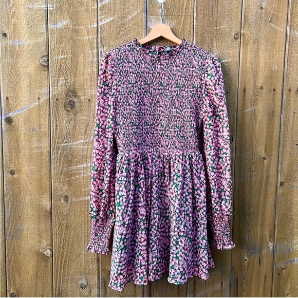 Green and Pink Floral Smocked Longsleeve Babydoll Dress 🌿 - Picture 8 of 12